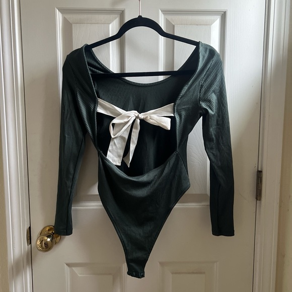 Topshop Tops - Topshop green ribbed open back ribbon tie bodysuit